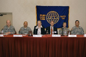 Panelists at the chapter's January conference include (l-r) Col. David Barlow, USA; Col. Mark Churchwell, USA; Cindy Moran; Douglas Wiltsie; Brig. Gen. N. Lee S. Price, USA; and Maj. Gen. Randy Strong, USA.